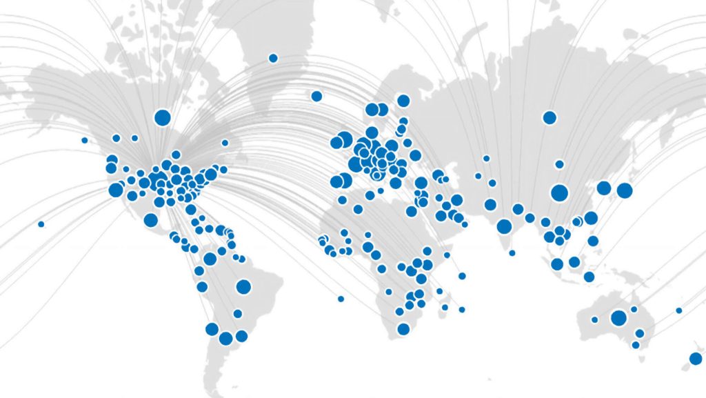Map showing research and outreach posts all over the world.
