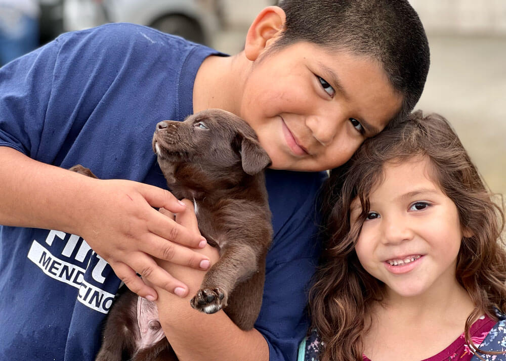 A young boy and young girl stand closely together smiling at the camera while the boy holds a puppy in his arms.