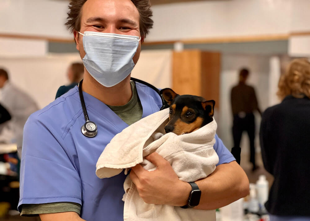 A veterinary student wearing scrubs and a mask holding a puppy that is wrapped in an towel.
