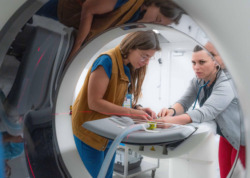 Two veterinary students setting up imaging equipment.
